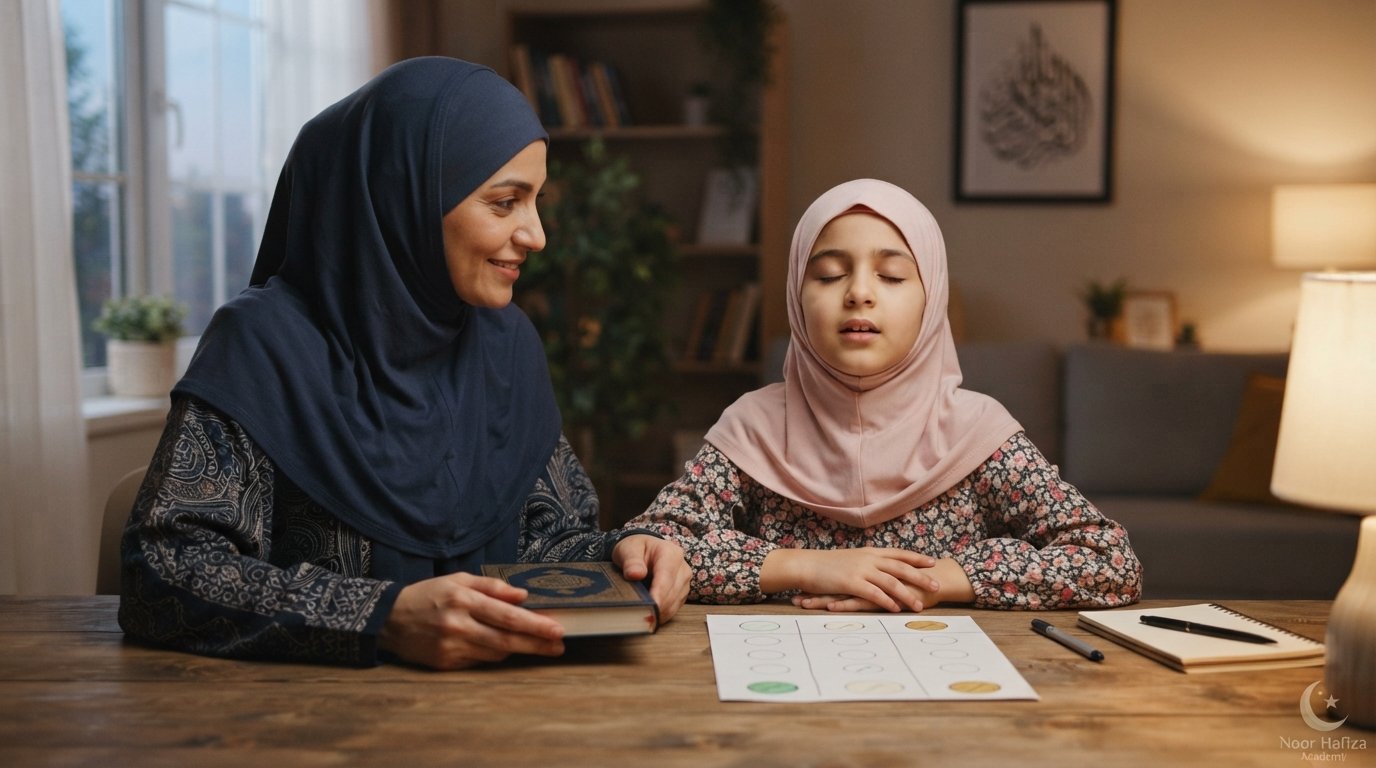 Parent-supported Quran memorization practice at home for a child following a Juz Amma Hifz plan