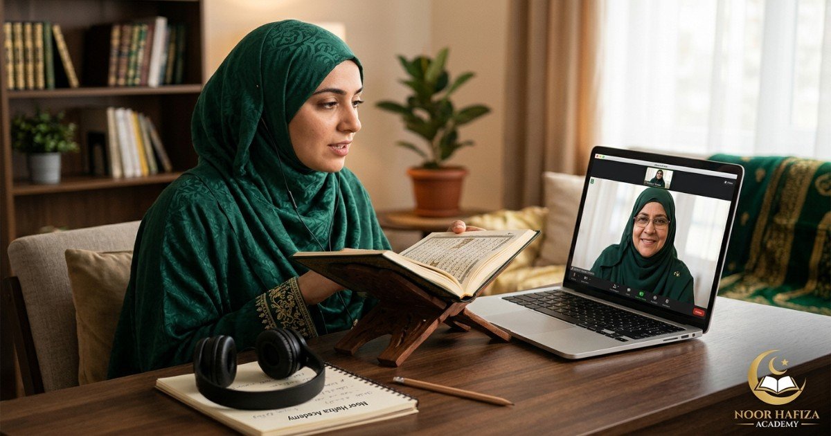 Female Quran teacher checking adult Hifz memorization and revision online