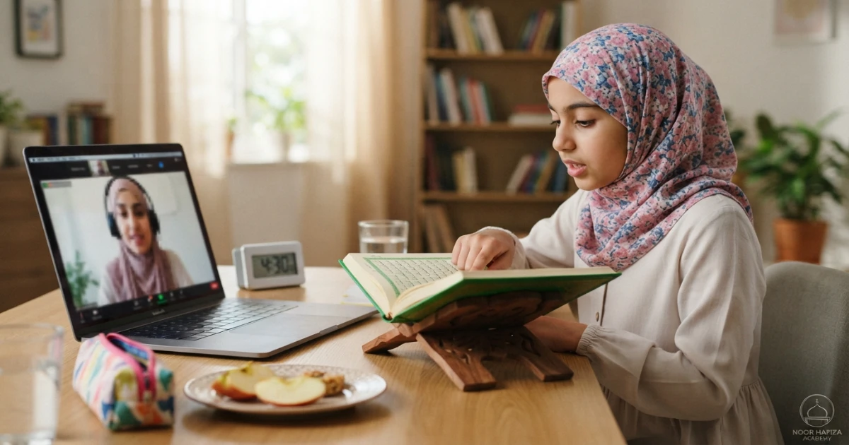 School-age Muslim child attending an after-school online Quran class in Central Time