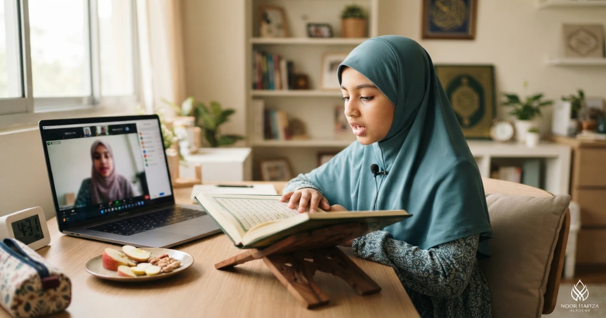 Muslim child taking an online Quran class after school on the U.S. East Coast
