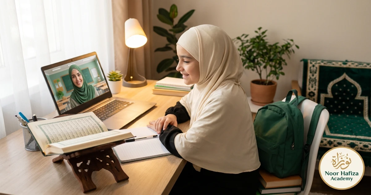 Child taking an online Quran class with a female teacher during the school term