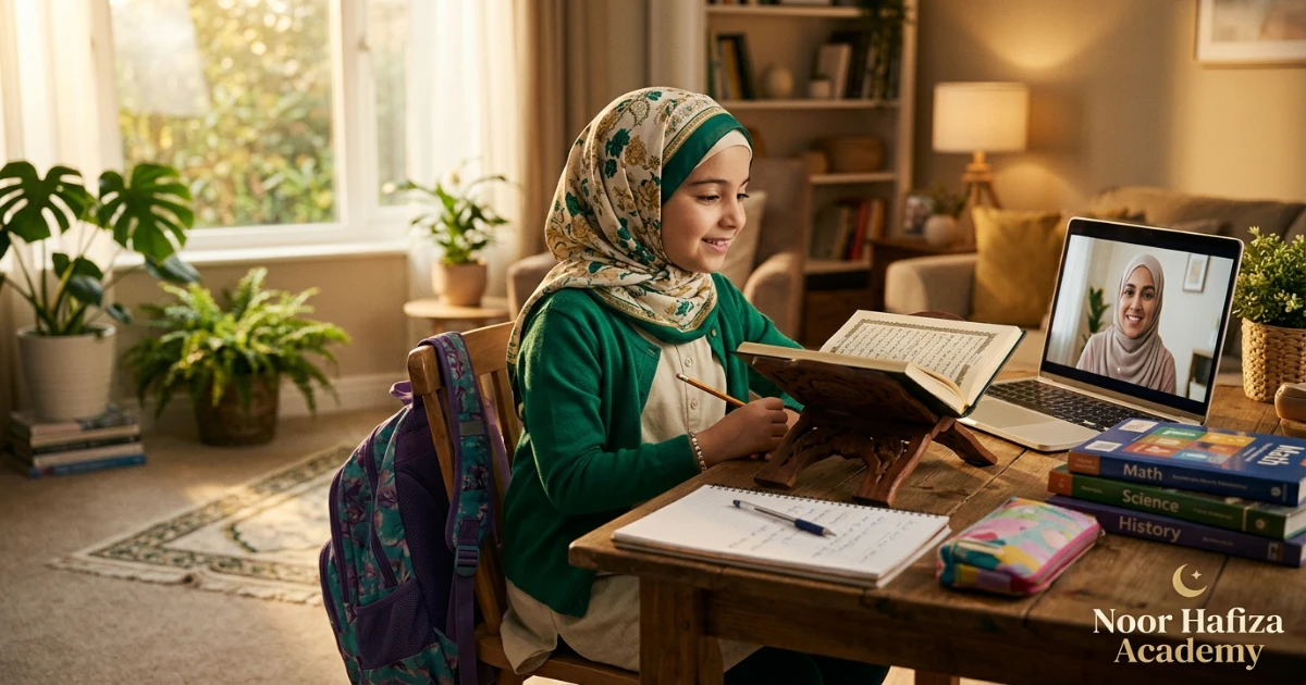 Back-to-school Quran routine for children balancing school homework and online Quran classes
