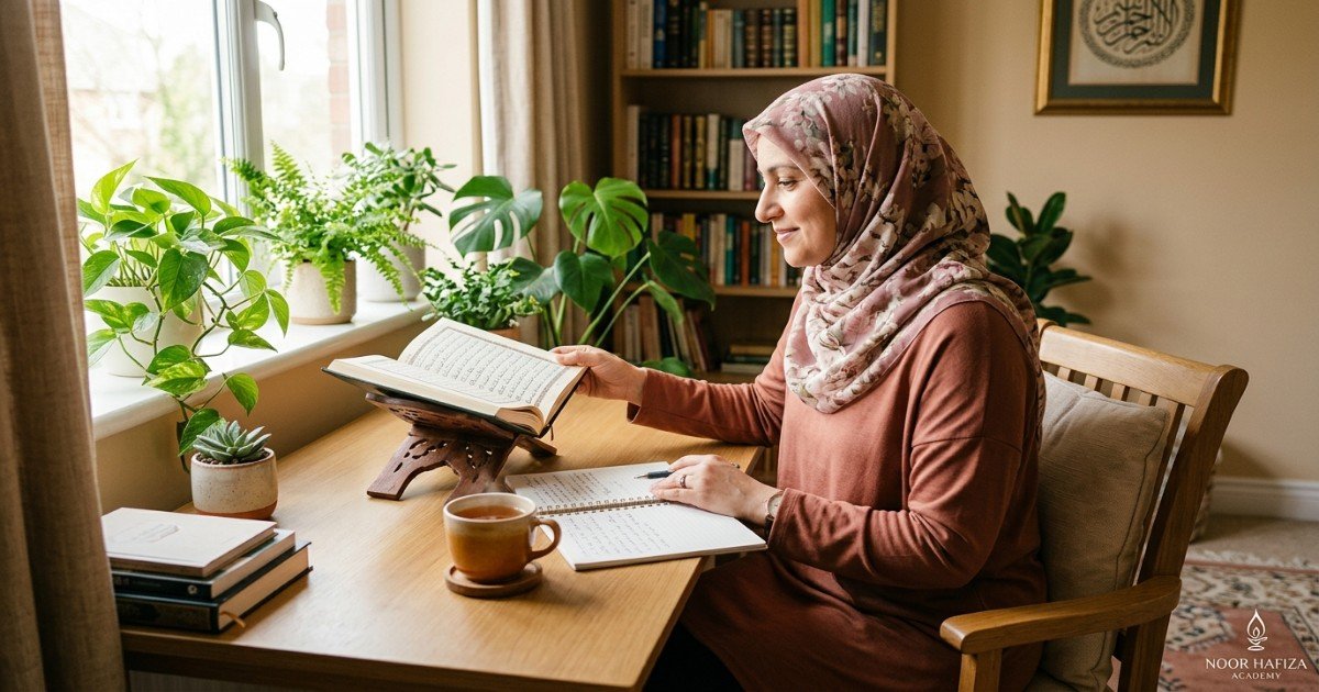 Busy adult completing weekend Hifz revision and catch-up session at home