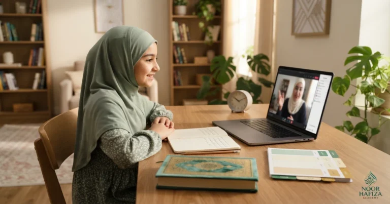 Female Quran teacher teaching a child online during a Central Time family-friendly Quran class