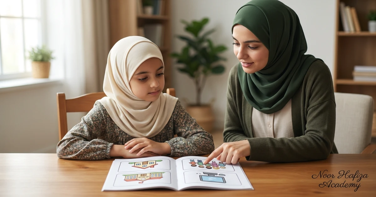 Child learning Quran reading and Islamic Studies with an online female teacher