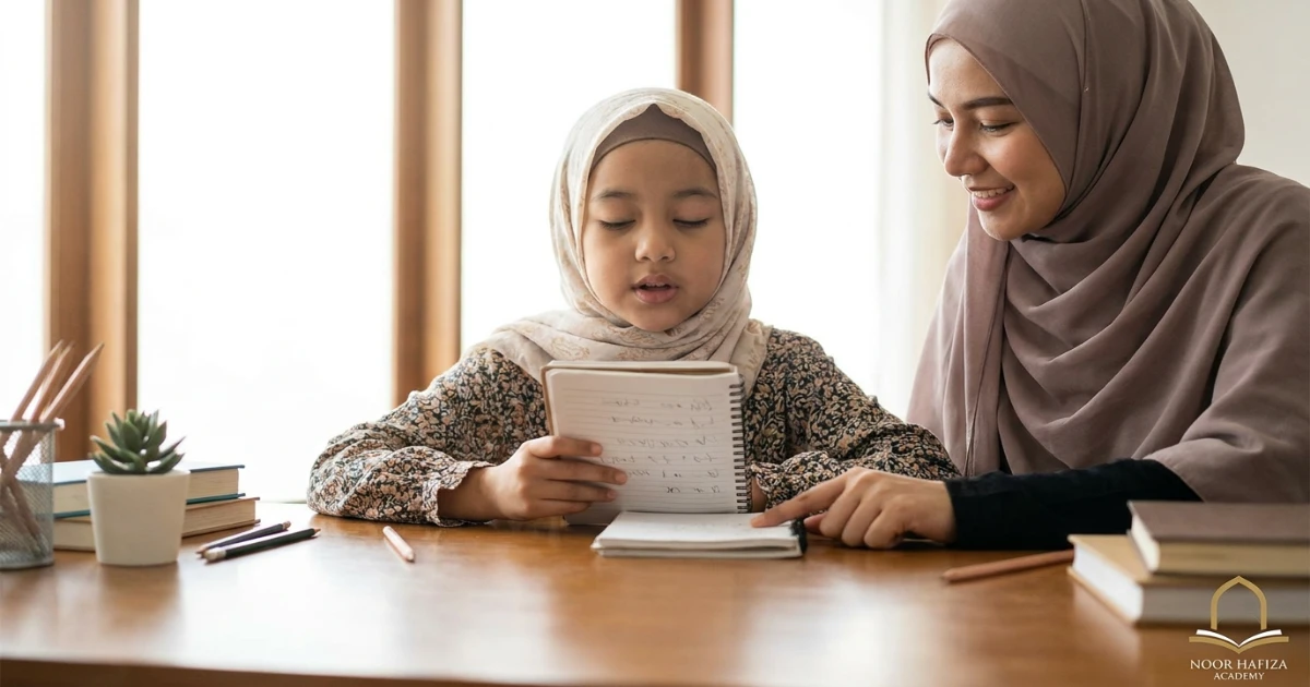 Muslim child practising correct Arabic pronunciation for daily duas with careful repetition