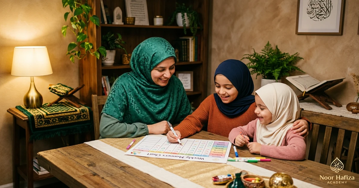 Muslim child practicing classroom adab and respect for teachers during an online Quran lesson