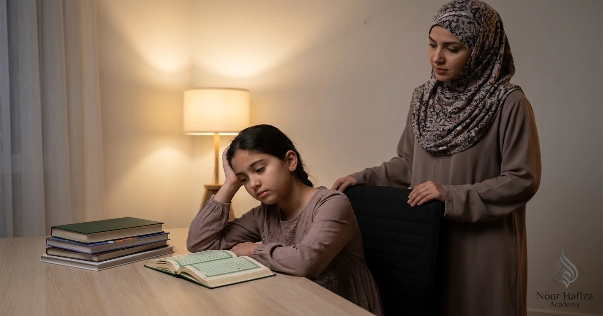 Parent female Quran teacher and child reviewing Hifz retention school load and weekly progress