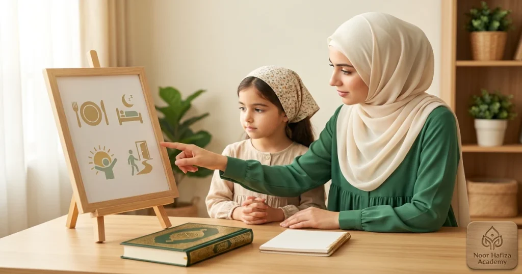 Female Quran teacher helping a Muslim child learn daily duas with meaning and pronunciation
