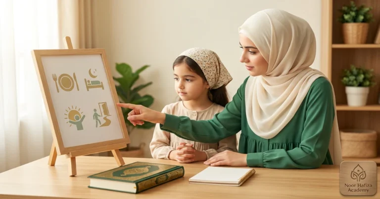 Female Quran teacher helping a Muslim child learn daily duas with meaning and pronunciation