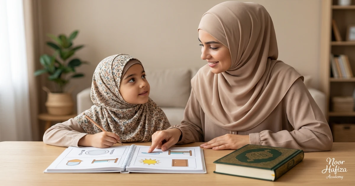 Islamic Studies teacher helping a child learn a daily dua from a simple workbook