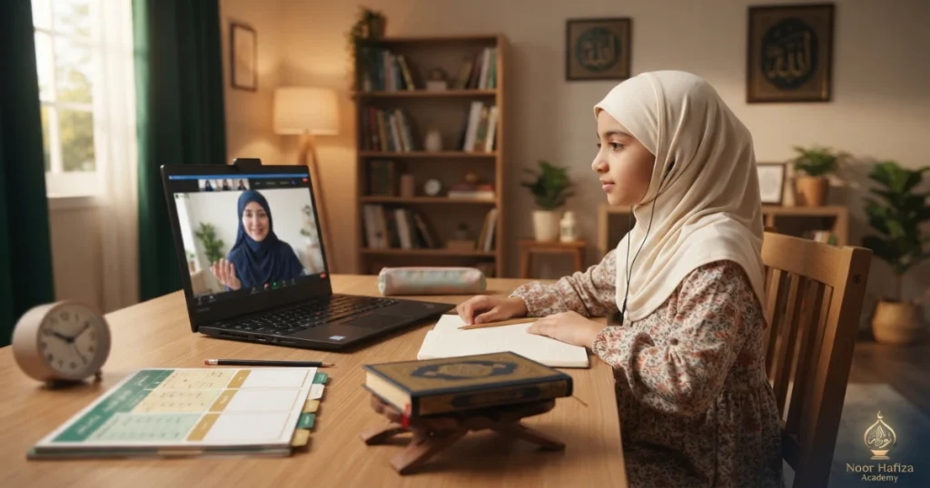 Female Quran teacher teaching a Muslim child online during an East Coast family-friendly class time