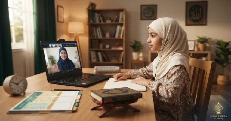 Female Quran teacher teaching a Muslim child online during an East Coast family-friendly class time