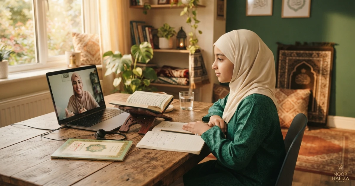 Equipment for online Quran classes including laptop headphones Quran stand notebook and quiet study desk