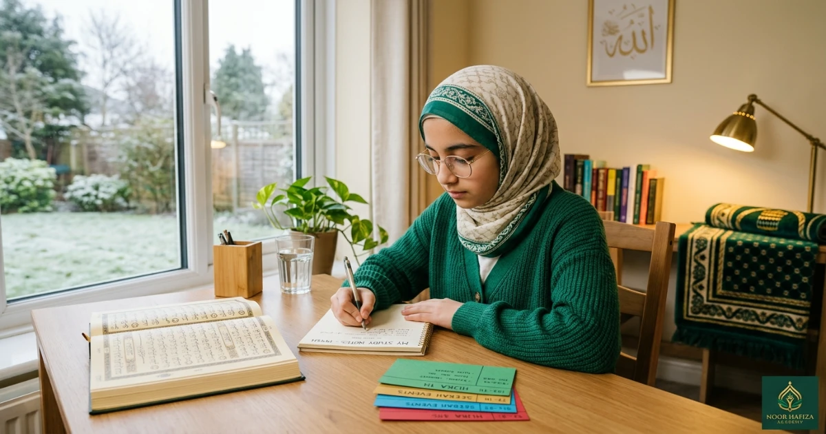 Child taking a winter break online Quran class with a female Quran teacher