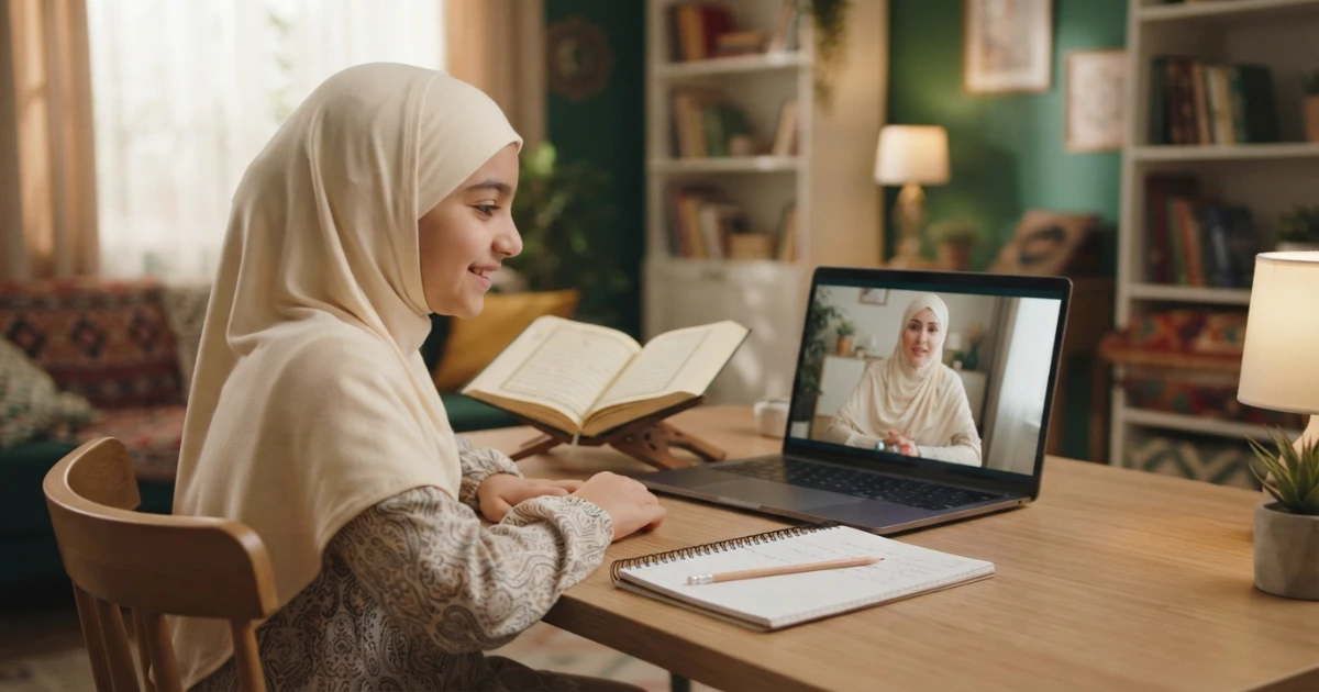 Female Hifz teacher guiding a Muslim girl in an online Quran memorization lesson
