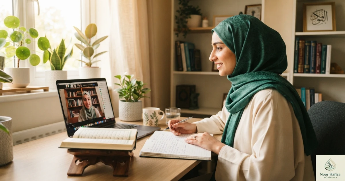 Adult Muslim woman learning Hifz online with a female Quran teacher