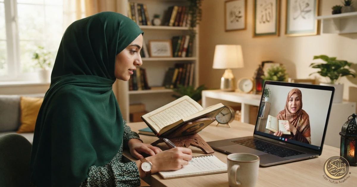 Female Hifz teacher online guiding a Muslim woman in Quran memorization and revision