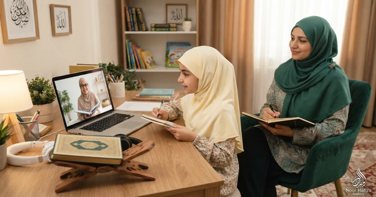 Parent and student evaluating a female Hifz teacher during an online trial class