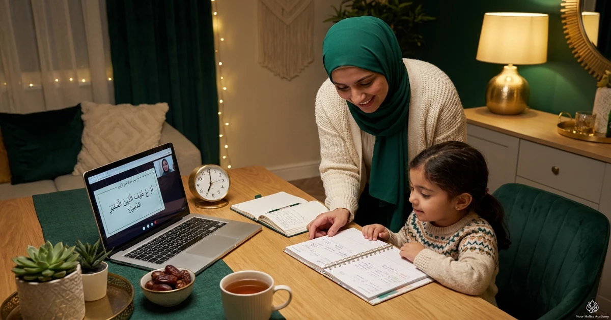 Female Quran teacher leading an online Quran class for a California student