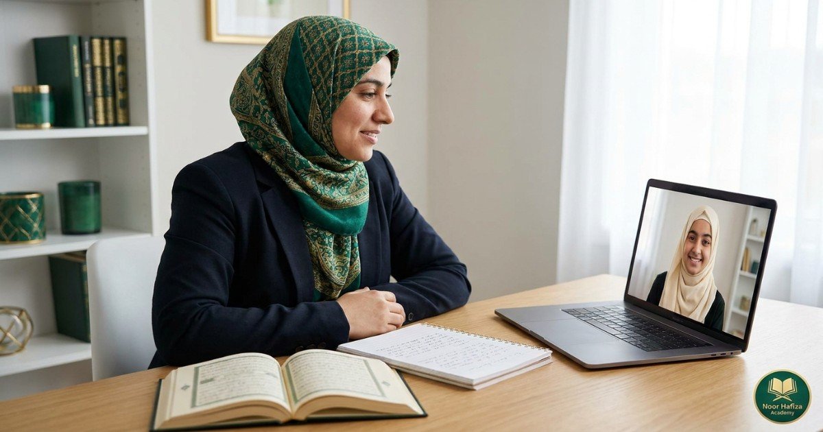 Female Quran teacher guiding a teenage Muslim girl in an online Quran class