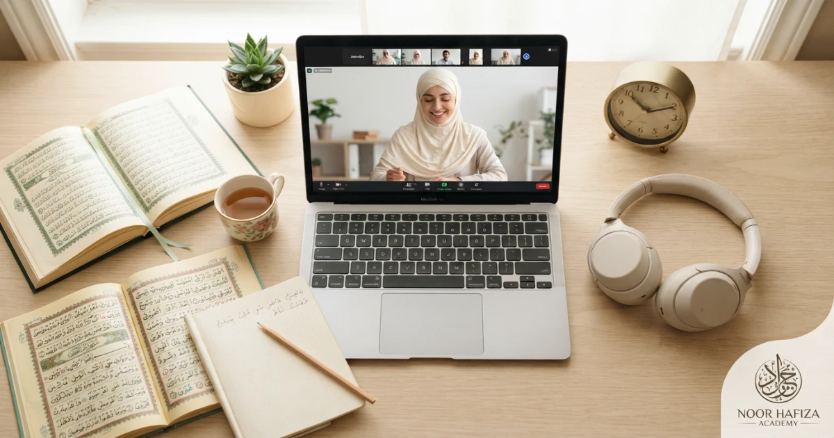 First online Quran class checklist with device internet Quran notebook and quiet study space
