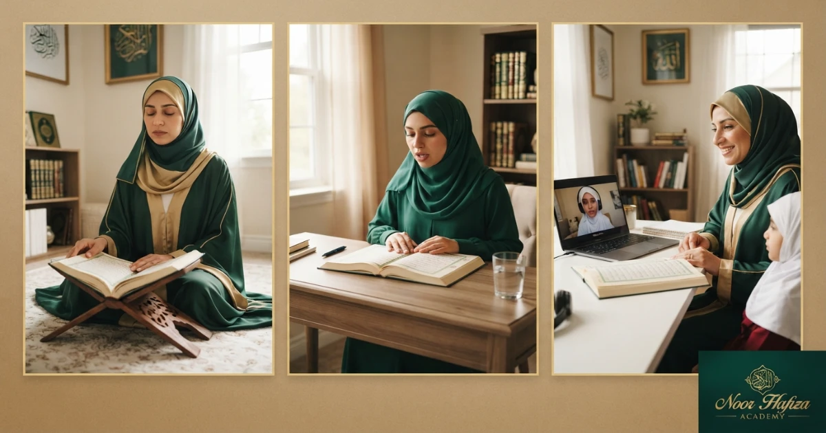 Hafiza vs Qaria vs Tajweed teacher explained with three female Quran education roles