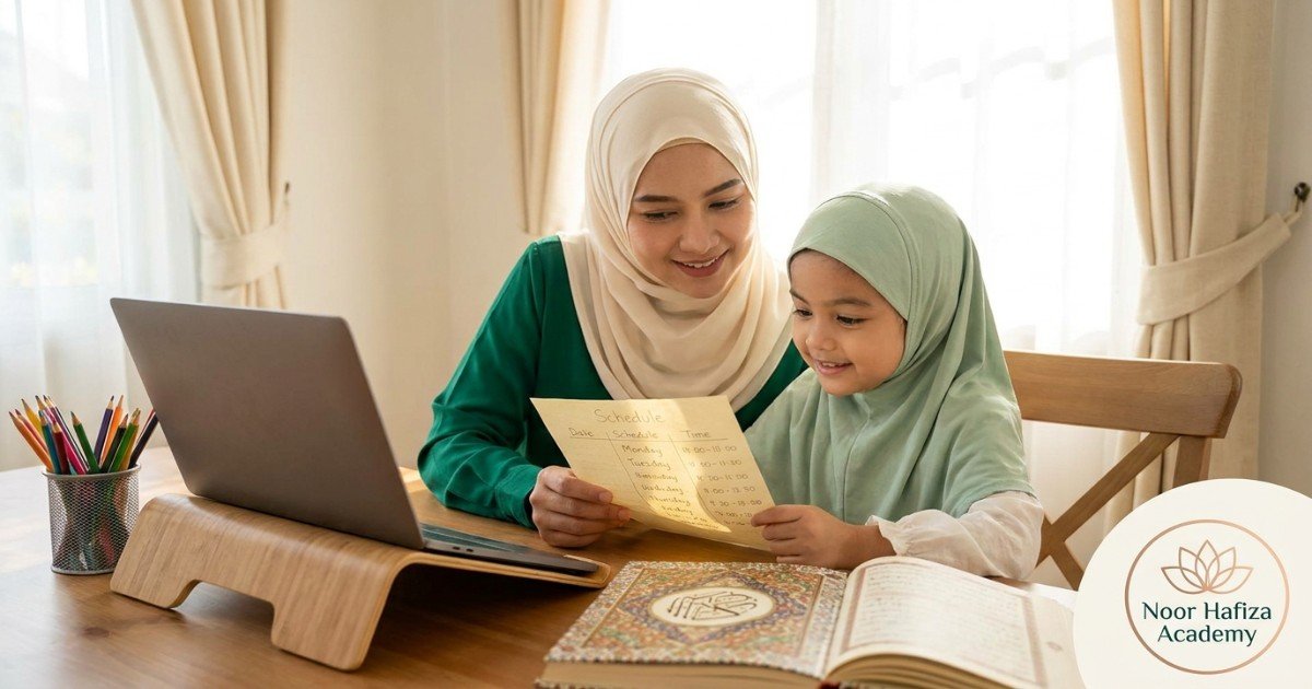 Homeschool Quran class daily schedule with morning academics Quran lesson breaks and family study time