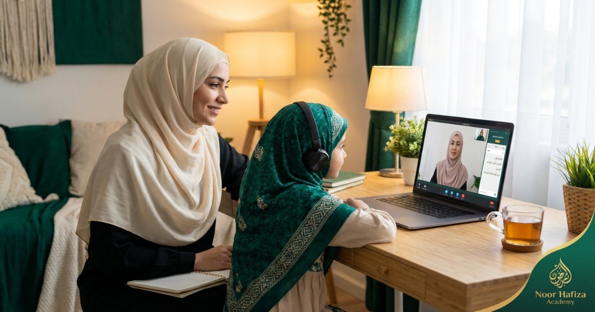 Homeschool parent evaluating an online Quran trial class with female Quran teacher