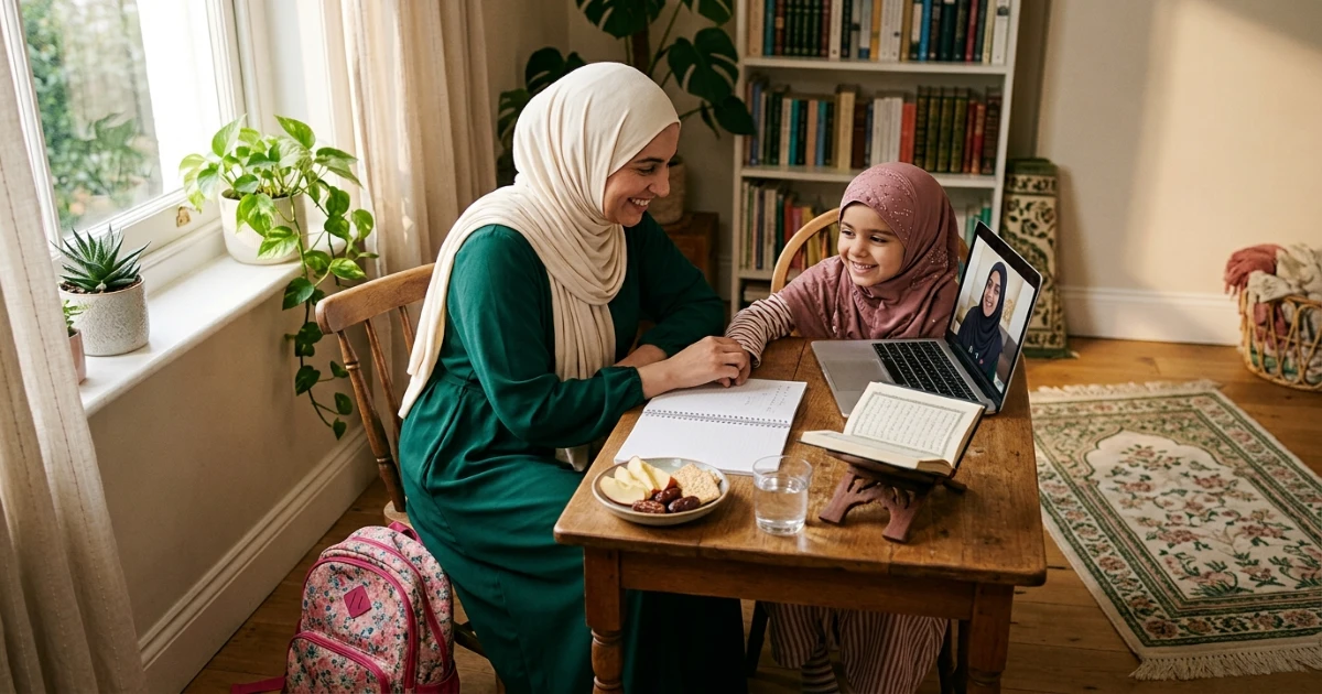 Child balancing school homework and Quran study in a calm home routine