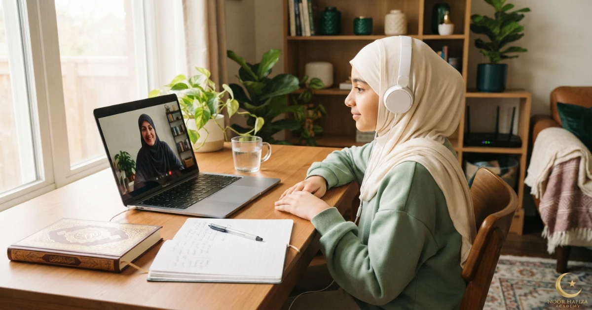 Stable internet microphone and headphones setup for clear online Quran recitation lessons