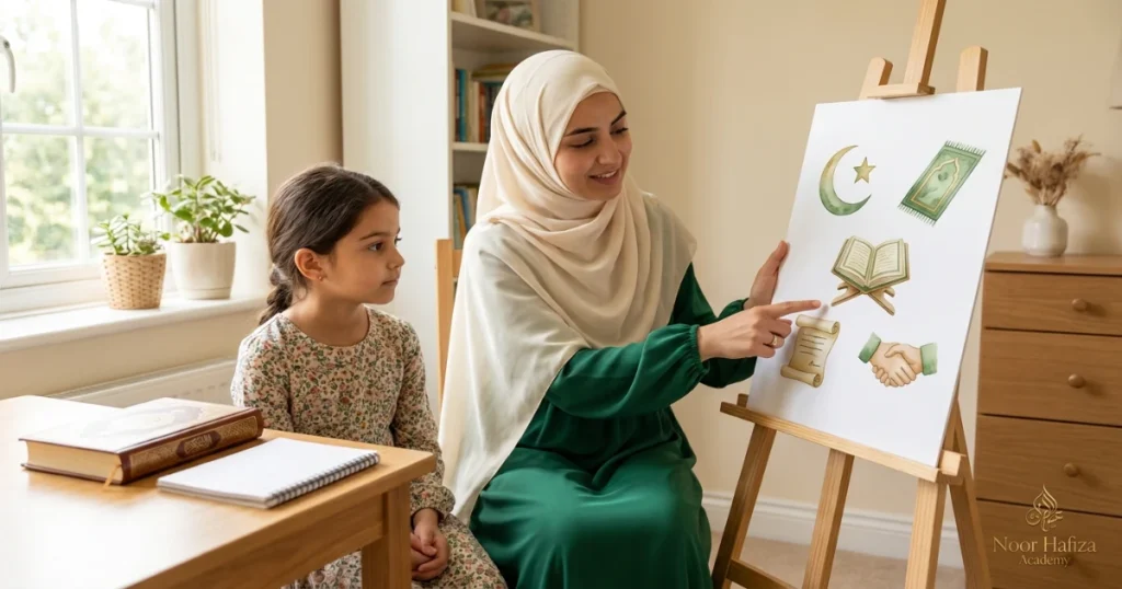 Female Islamic Studies teacher guiding a Muslim child through Quran and age-appropriate Islamic learning