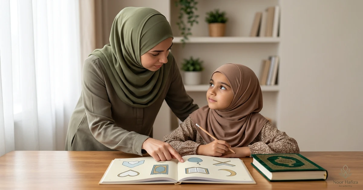 Islamic Studies teacher explaining basic Aqeedah and Islamic concepts to a child