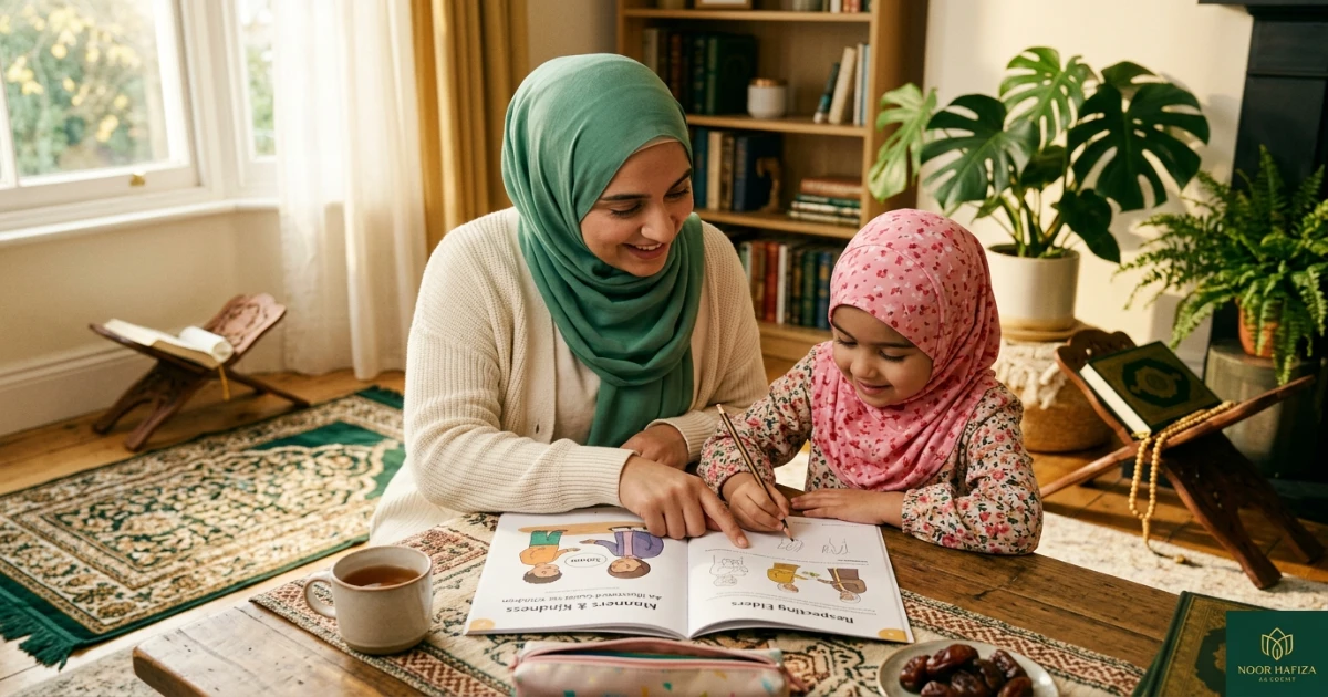 Muslim children learning kindness sharing and good character in everyday life