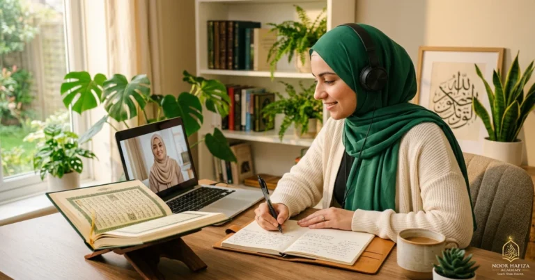 Muslim woman using listening and repetition to improve Quran recitation with female Quran teacher