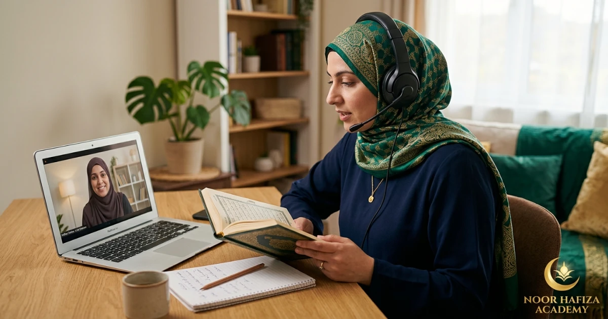 Female Quran teacher guiding listening repetition and Tajweed correction online