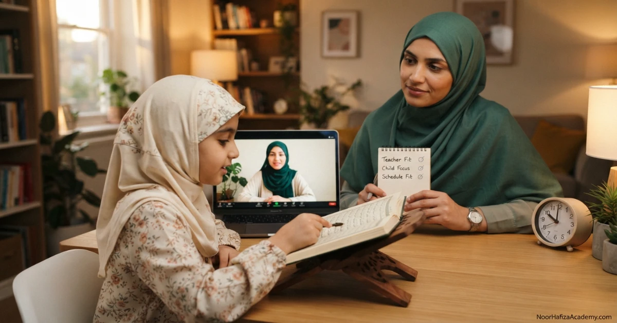 Parent evaluating a Mountain Time online Quran trial class with a female teacher