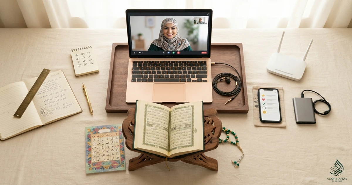 Online Quran class technology checklist for device internet audio camera materials and backup plan