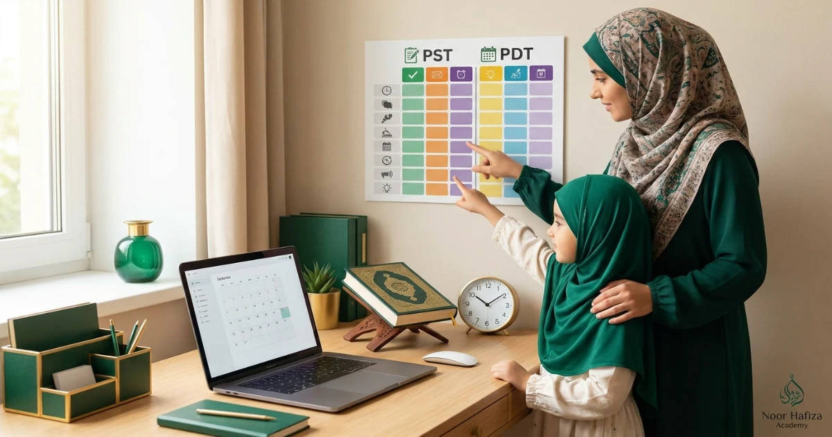 Pacific Time scheduling guide comparing PST and PDT for online Quran classes