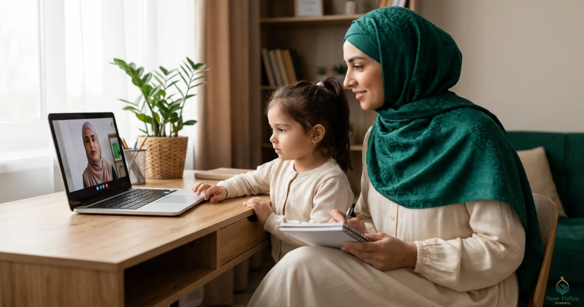 Parent evaluating a Pacific Time online Quran trial class for a child