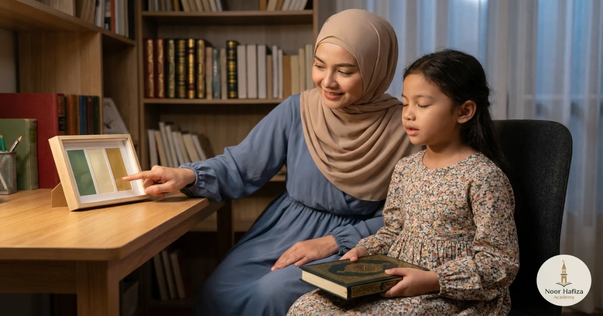Parent supporting a short daily Hifz routine for a school-age child