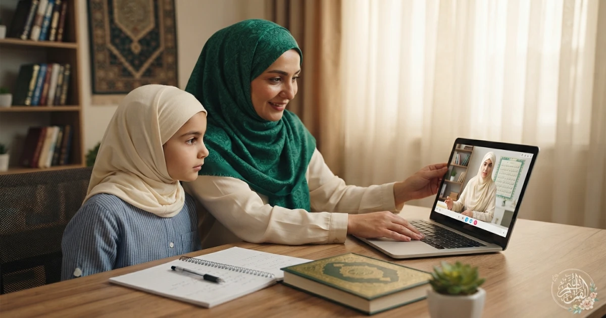 Parent helping a child prepare calmly for a first online Quran class