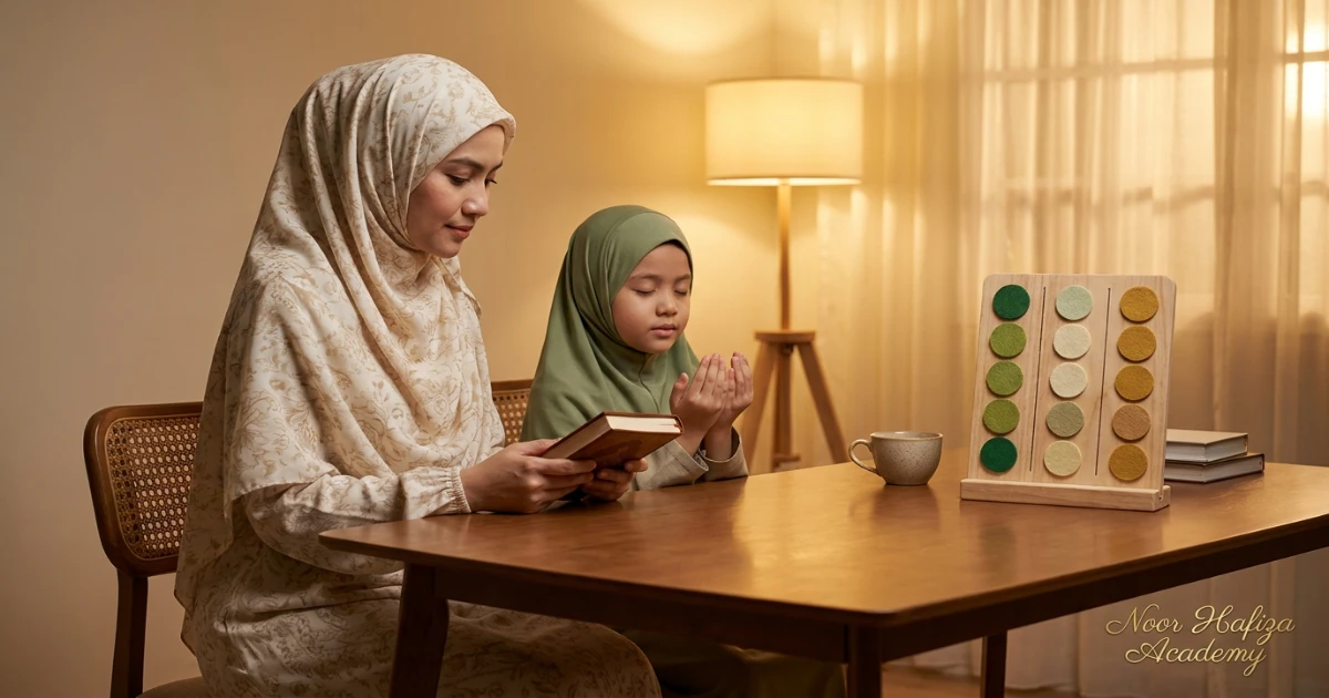 Parent supporting a child with Islamic Studies lessons duas and daily Muslim practice at home