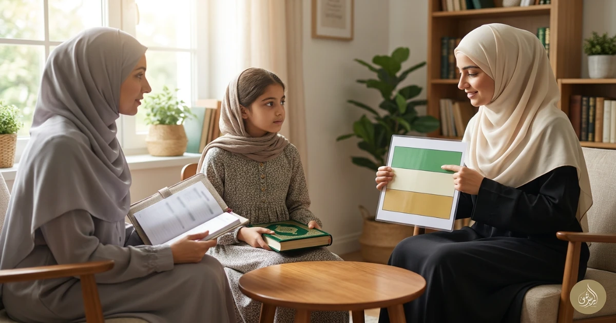 Mother listening patiently while a child revises Hifz without constant prompts
