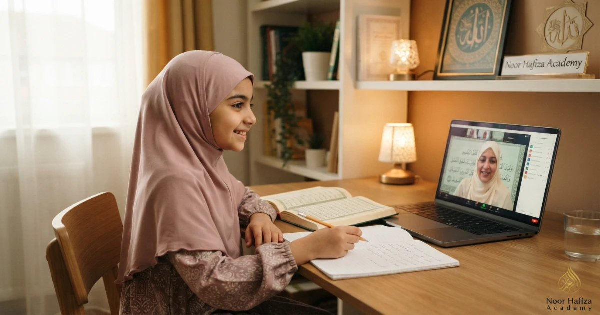 Muslim student preparing for first online Quran class with female Quran teacher and Quran study materials