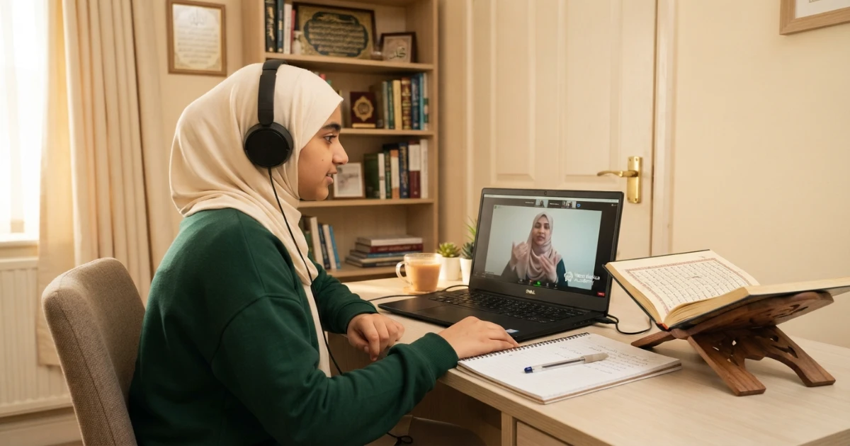 Private online Hifz class with female teacher in a calm secure home learning setup