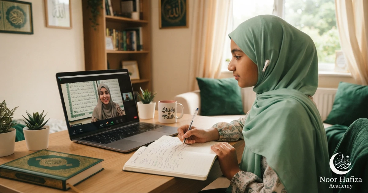 Student asking questions during first online Quran class with female teacher
