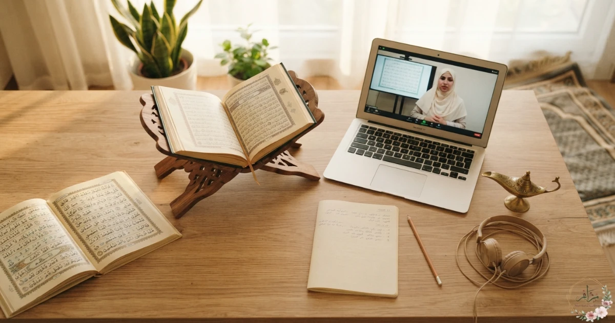 Quiet online Quran class study desk with Mushaf rehal notebook and device