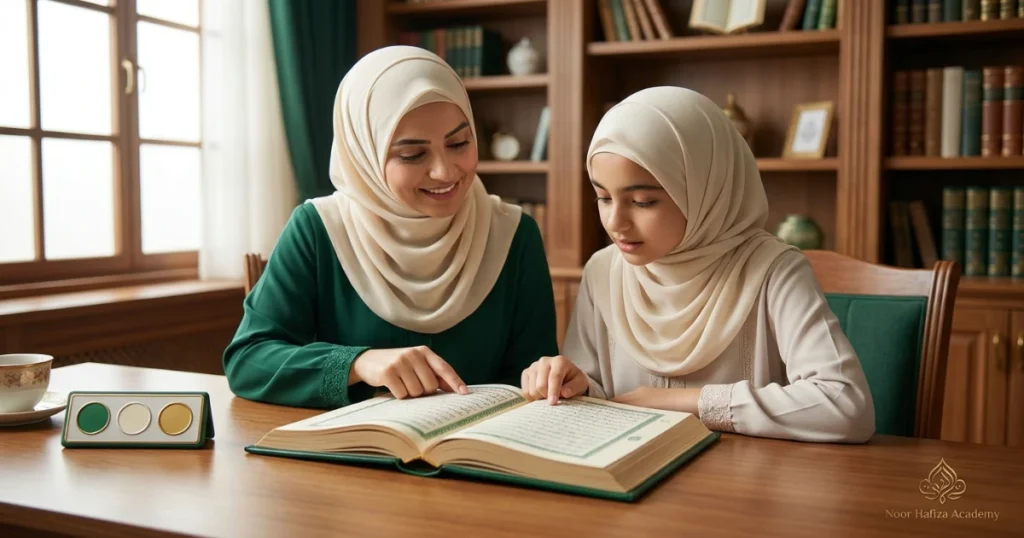 Female Quran teacher helping a student review memorized Quran for stronger Hifz retention