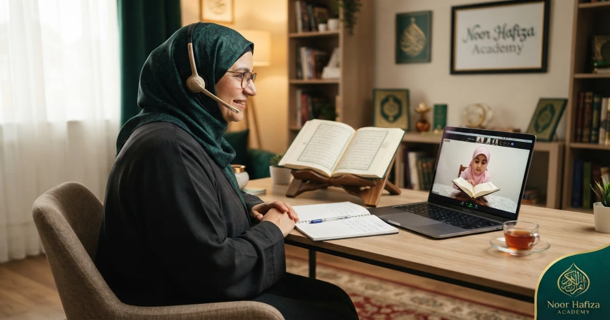 Female Quran teacher assessing a beginner Quran student during first online class
